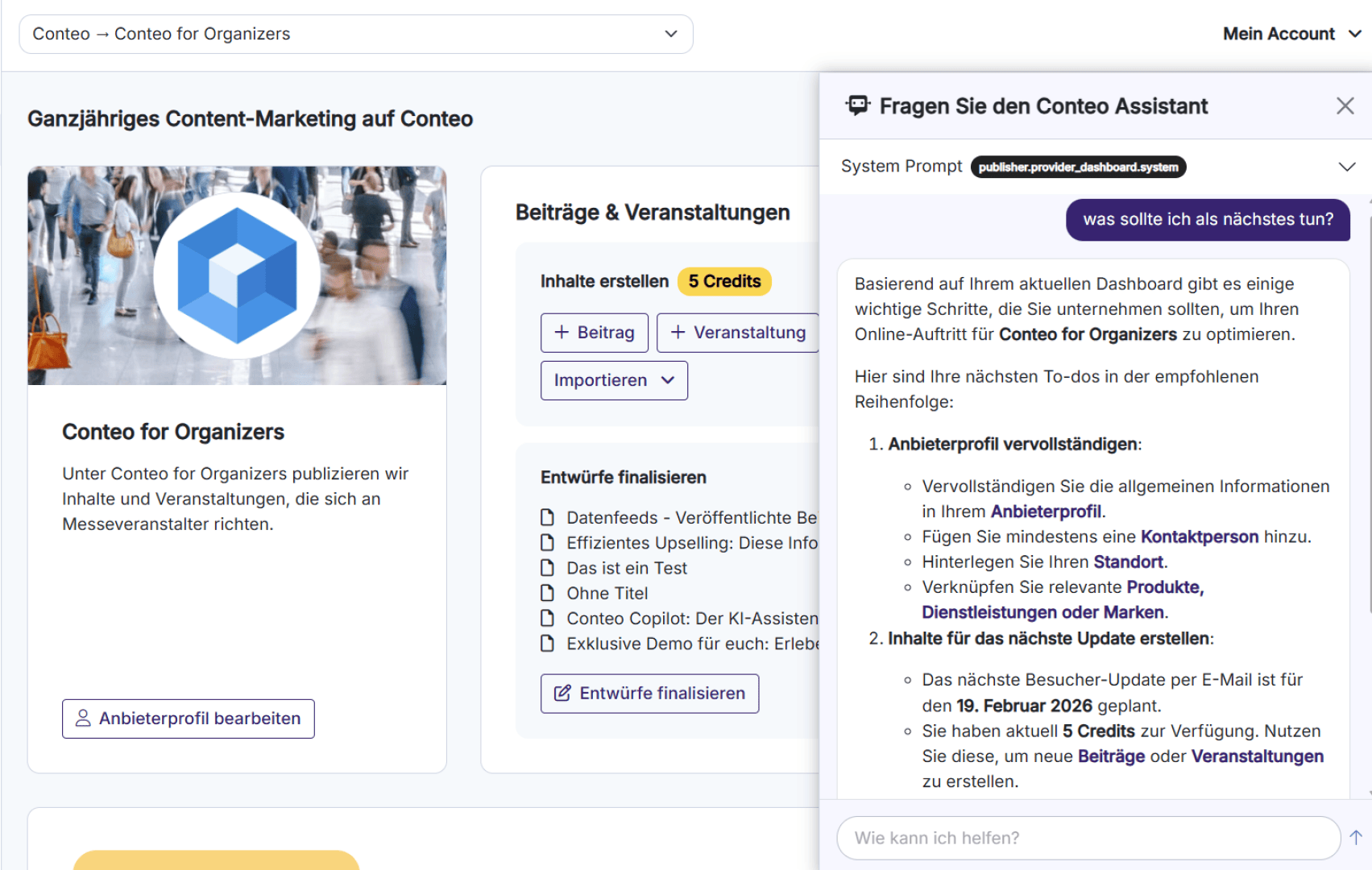 Screenshot eines deutschsprachigen Dashboards für Contao-Veranstalter mit Marketing-Tools, einer Abfrage für die nächsten Schritte und einer Seitenleiste mit Inhalts- und Veranstaltungsoptionen. Die Oberfläche zeigt Credits und Vorschläge des KI-Assistenten an.