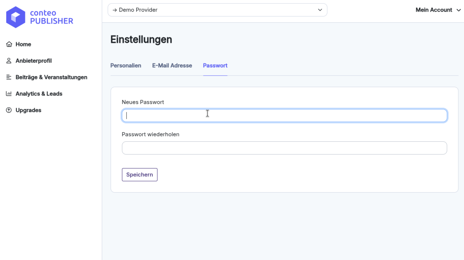 Einstellungsseite in conteo PUBLISHER mit den Registern Persönliche Daten, E-Mail-Adresse und Passwort. Die Registerkarte Passwort ist aktiv und zeigt Felder zur Eingabe und Wiederholung eines neuen Passworts sowie eine Schaltfläche "Speichern".